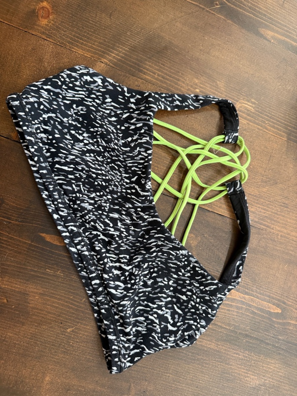 Black & White Speckled Sports Bra with Neon Green Strappy Back
